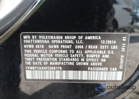 2015 Volkswagen Passat 1.8T Se из США, поврежденный, VIN 1VWBT7A34FC058179